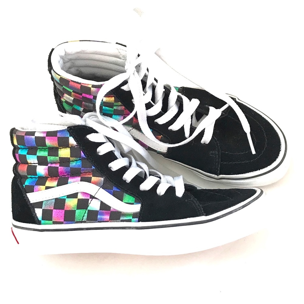 VANS Skate Sneakers High Top Rainbow Checkered Pink Blue Green Black Size 3